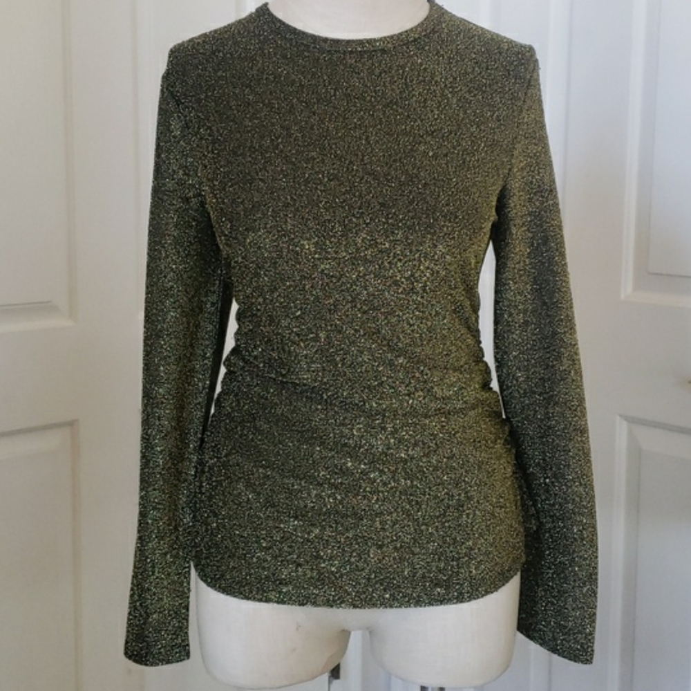 Vintage 90s Nine West Gold Shimmer Ruched Top S Gold Black Ruched Minimalist - Picture 4 of 17